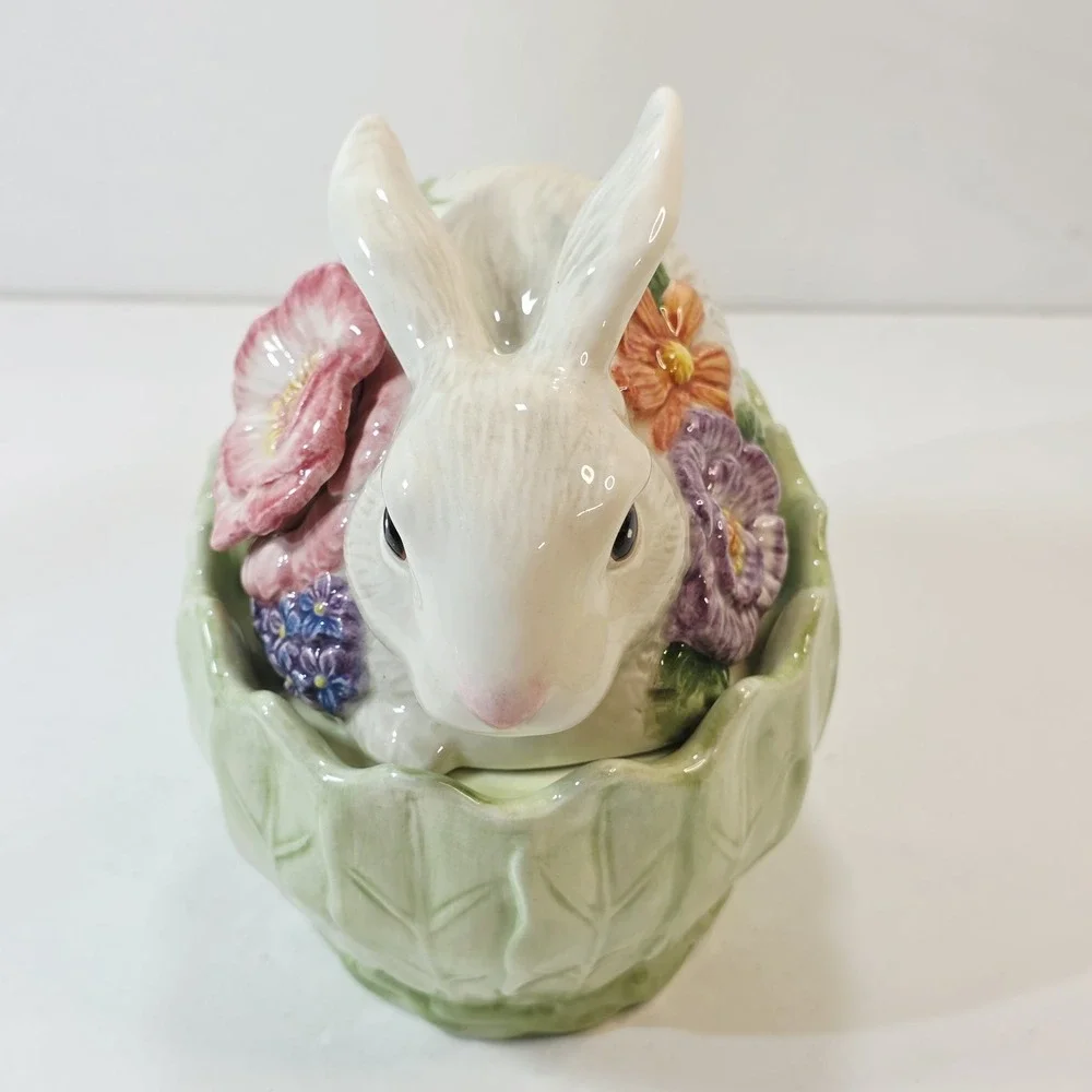 FITZ & FLOYD Classics Fauna & Flora Rabbit Covered Lidded Candy Dish Bowl